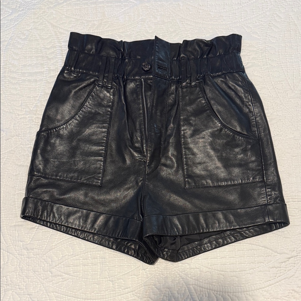 ba&sh Black Lamb Leather High-Waist Paperbag Shorts